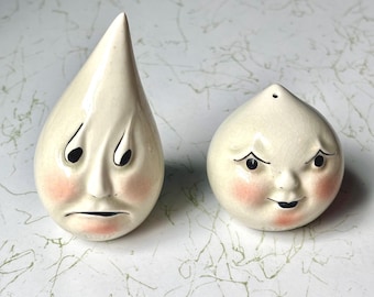 Saliera e pepiera vintage a goccia con decorazioni antropomorfe / Vallona Starr CA Pottery