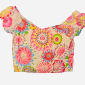 Vintage hecho a mano rosa flor poder psicodélico crop top / tamaño 10-12
