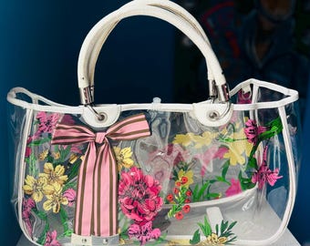 ヴィンテージ Y2K クリアフローラル ポリビニール トートバッグ レザーハンドル付き Laundry Shelli Segal製