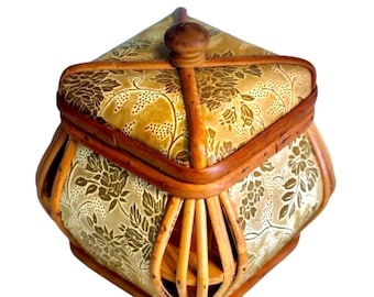 Floral Etched Vinyl, Wood and Bamboo Lidded Storage Boho Treasure Box 7.5”