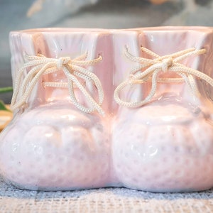 Kitschy Vintage Ceramic Baby Shoe planters - pair - in Pink with real laces