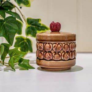 May include: A brown ceramic jar with a red cherry-shaped lid. The jar is decorated with a repeating pattern of brown cherries.