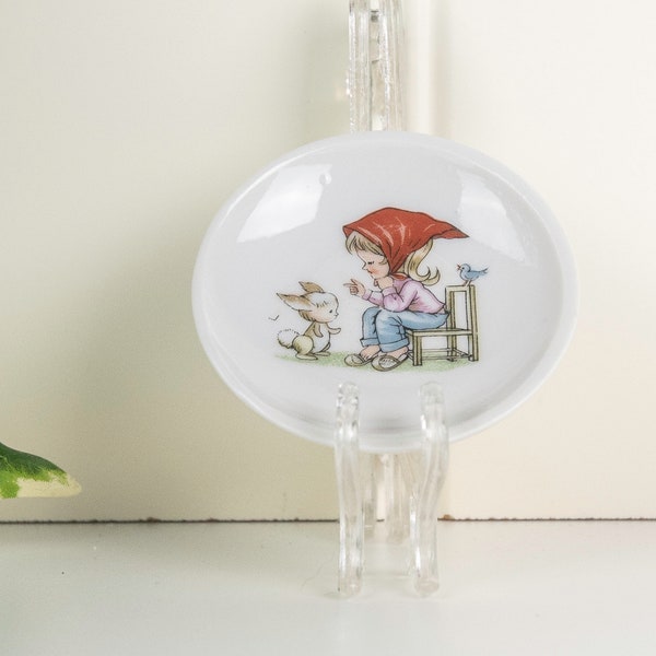 Delightful Vintage Small Butter Pat Dish, Made in Japan, with little girl, rabbit and bird design 1970's, Pin Tray, ring dish