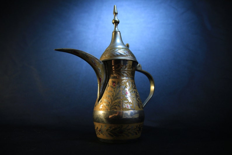 Vintage Hand Painted and Etched Middle Eastern Coffee Pot