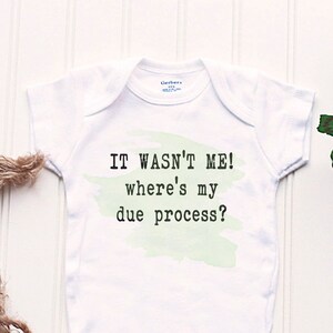 May include: White baby onesie with a green watercolor background and the text "IT WASN'T ME! where's my due process?"