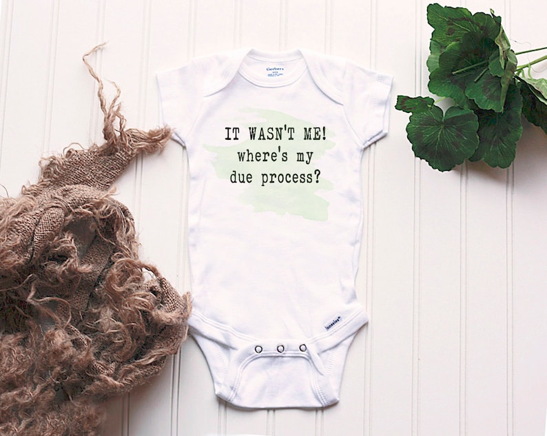 May include: White baby onesie with a green watercolor background and the text "IT WASN'T ME! where's my due process?"