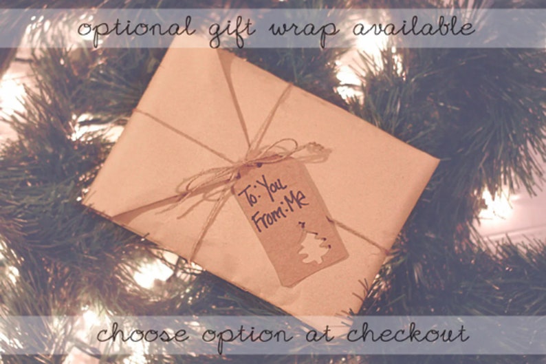 May include: A brown paper gift bag with a twine bow and a gift tag that says "To: You From: Me". The bag is sitting on a green Christmas tree branch with white lights.