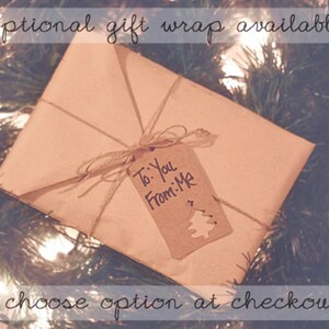 May include: A brown paper gift bag with a twine bow and a gift tag that says "To: You From: Me". The bag is sitting on a green Christmas tree branch with white lights.