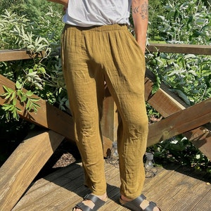 Broek met elastische taille, strandbroek, katoenen broek, uniseks zachte thuisbroek, mosterd
