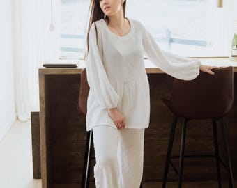 White Cotton Pajama Set: Handmade Mousseline Loungewear, gift for grandmam