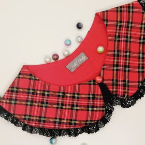 Cuello desmontable para mujer, hecho a mano, de color rojo a cuadros, con encaje negro y cierre de botón, estilo retro rústico, falso cuello desmontable para camisa, accesorio para blusa