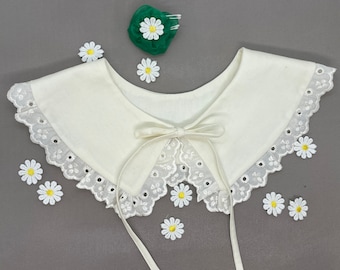Abnehmbarer Kragen aus weißem Leinen mit Spitzeneinsatz, Retro-Rüschen-Accessoire