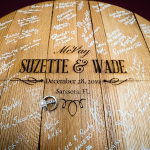 WhiskeyMade Wedding Guestbook Alternative - Reclaimed Bourbon Barrel Head - Elegant Design