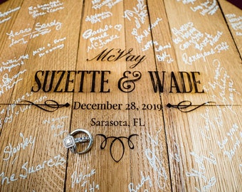 WhiskeyMade Wedding Guestbook Alternative - Reclaimed Bourbon Barrel Head - Elegant Design