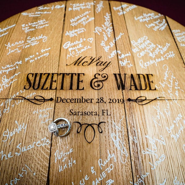 WhiskeyMade Wedding Guestbook Alternative - Reclaimed Bourbon Barrel Head - Elegant Design