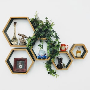 Set of 5 Nested Bourbon Barrel Floating Hexagon Shelves | Honeycomb Geometric Handmade Shelves | Farmhouse Rustic Kitchen Décor