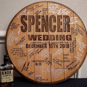 WhiskeyMade Wedding Guest Book Alternative - Made in the USA with Reclaimed Bourbon Barrel Head - Big Letter Design