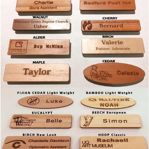 74x24x3mm Timber Staff Name Tags, Name Badges, Clip on Tags, Magnetic Tags, Custom Laser Engraving Personnel Name Badges Vario