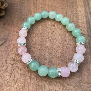 Gemstone Bracelet, Natural Round Beads, 8mm, Aventurine & Rose Quartz with Silver Plated Accents, Gift for Women, Girlfriend, Mom, Her