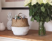 Dipped white belly basket tassel trim Seagrass panier boule Planter basket Scandi style Home decor Boho decor Nordic style.