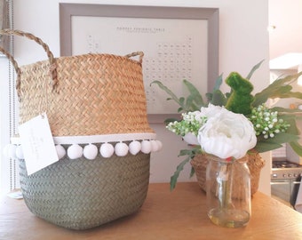 Sage Green dipped pompom basket I Storage basket I Free Delivery