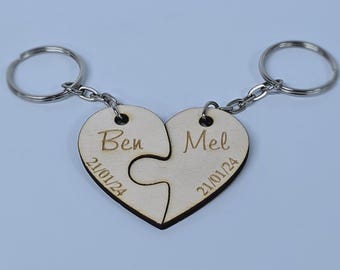 Personalised Couple Puzzle Heart Keyrings - Anniversary, Valentines, Birthday Gift