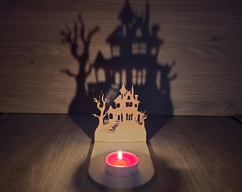 Spooky Haunted House Tealight Holder – Halloween Candle Holder, Haunted Mansion Shadow Décor, Gothic Autumn Home Decoration