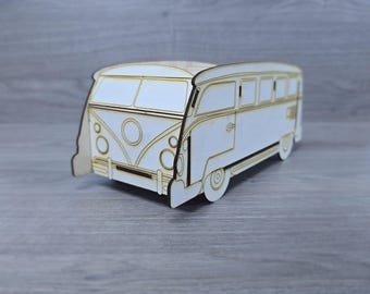3D Wooden Camper Van Stationery Holder – Laser Cut Desk Organizer – Retro VW Style Pen Pot – Unique Office Gift – Customizable Pencil Holder