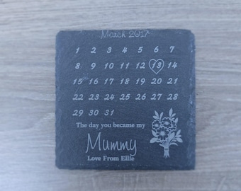 Personalised Mother’s Day Slate Coaster – Custom Engraved Calendar Gift for Mum – First Mother’s Day Present – New Mum Keepsake