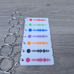 May include: A set of seven rectangular white acrylic keychains, each featuring a circular Spotify logo and a corresponding coloured sound wave graphic. The colours include red, green, blue, purple, orange, black, and pink, all attached to silver metal rings.