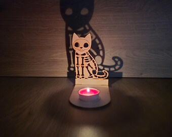 Skeleton Cat Tealight Holder – Spooky Halloween Shadow Candle Decor