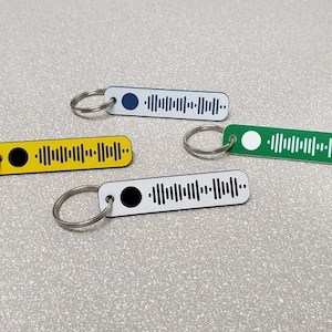 Pode incluir: Quatro chaveiros com fundos de cores diferentes e um design de c&oacute;digo de barras preto e branco. Os chaveiros s&atilde;o amarelo, verde, branco e azul.