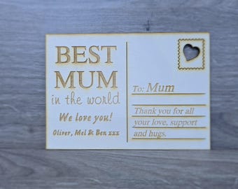 Personalised Mother’s Day Wooden Postcard – Custom Engraved Best Mum Card – Unique Mum Keepsake – Letterbox Gift – From Kids – Thank You Mum