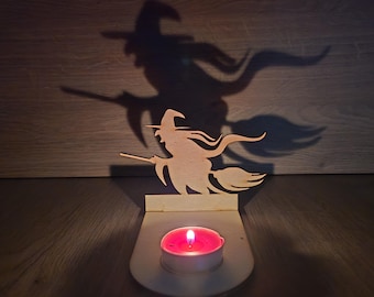 Spooky Flying Witch Tealight Holder – Halloween Candle Holder, Witch Shadow Décor, Gothic Haunted House Decoration