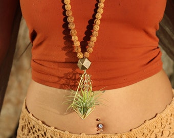 Air Plant Terrarium Necklace · Rudraksha Monk Mala Prayer Bead w/ Sacred Geometry · Meditation Necklace · Unique Nature Lovers Gifts for Her