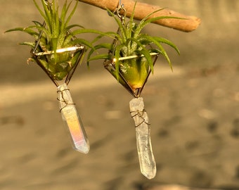 Quartz Crystal Point Air Plant Earrings · Octahedron Minimalist Geometric Plant Jewelry · Eco Friendly · Sustainable · Boho Hippie Jewelry