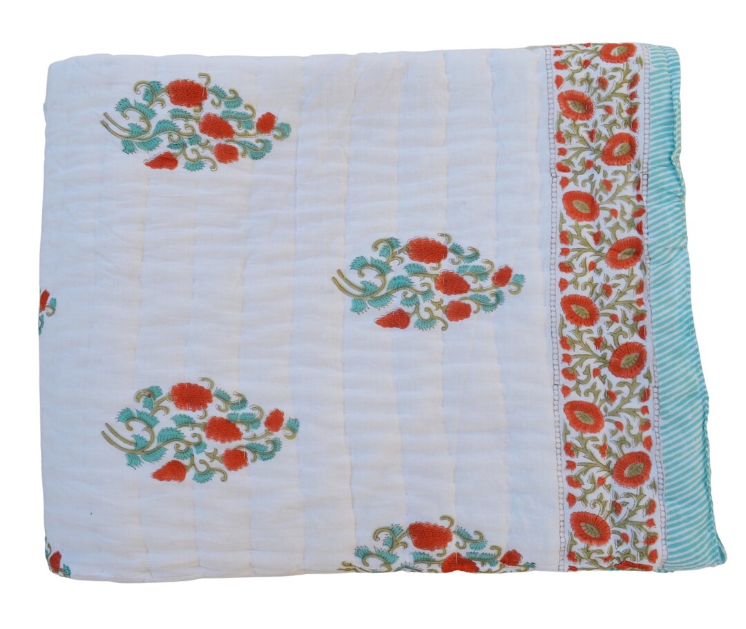 Hand Block Floral Print Razai Blanket Bedspread Quilt Razai Winter Warm