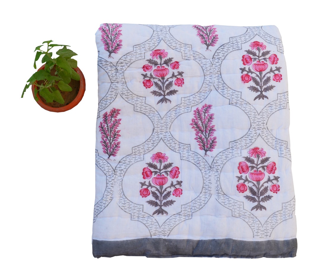 Indian Soft Cotton Quilt Warm Hand Block Floral Print Razai Blanket