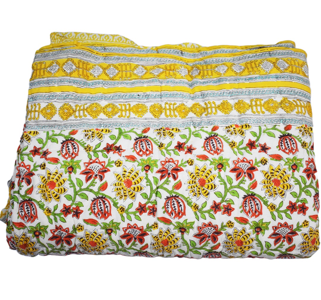 Indian Cotton Hand Block Floral Print Razai, Blanket Bedspread Bedcover, Quilt California