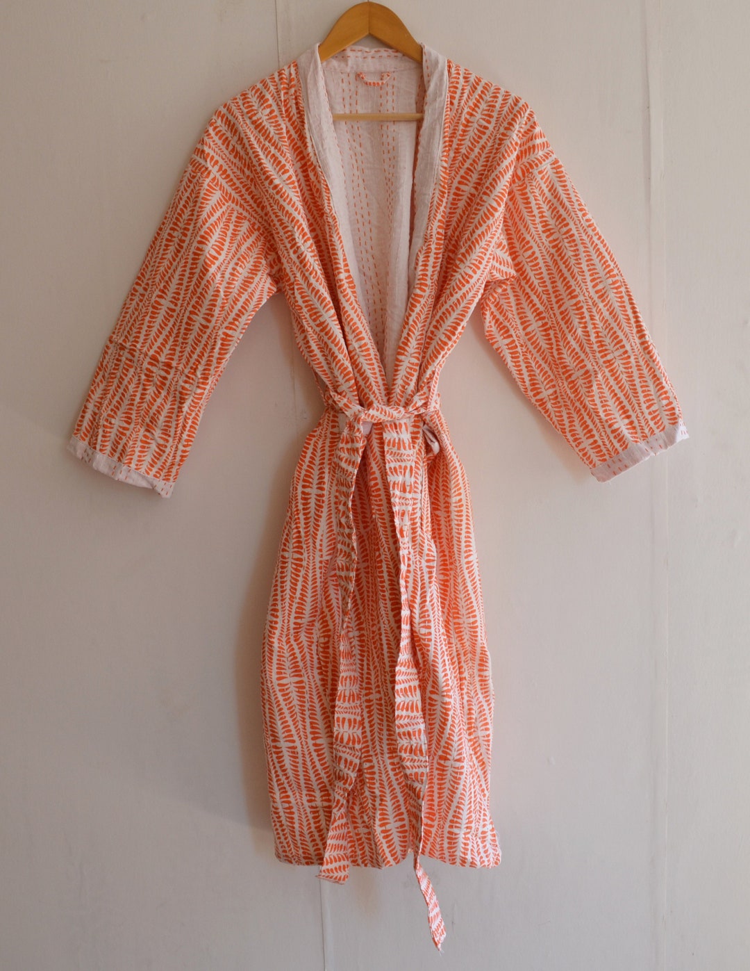 Beach Bikini Cover up Kimono Gown, Indian Cotton Hand Block Print Kantha Kimono Robe, Floral