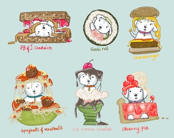 Cute Maltese in food clipart commercial use, hand drawn clip art, kawaii, dog, puppy, food, doodles, ice cream, sushi, instant download