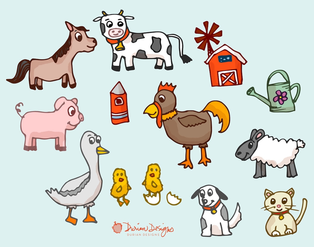 Farm Animals Hand Drawn Clip Art, Commercial Use, Horse Pig Cow Rooster  Chicken Chicks Dog Cat Barn Goose Sheep Clip Art, Instant Download - Etsy