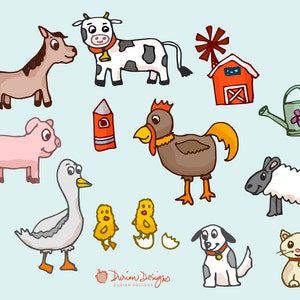 Farm animals hand drawn clip art, commercial use, horse pig cow rooster chicken chicks dog cat barn goose sheep clip art, instant download