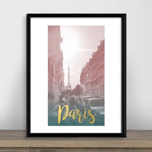Eiffel Tower printable wall art, Eiffel Tower print, Paris city pink and teal digital poster, multiple sizes, instant download