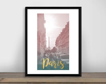 Eiffelturm druckbare Wandkunst, Eiffelturm Print, Paris Stadt rosa und Petrol / digitale Poster, mehrere Größen, sofort-download