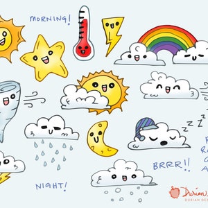 May include: A set of 12 hand-drawn illustrations of weather icons, including a sun, a star, a thermometer, a lightning bolt, a rainbow, clouds, a tornado, rain, snow, and a moon. The illustrations are in a cartoon style and feature cute faces.