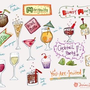 Festive cocktail party clipart commercial use, wine bar, hand drawn drinks, mai tai, champagne, alcohol doodles clip art, instant download