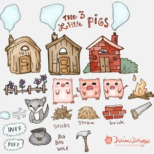 Drie biggetjes clipart commerciële gebruik, grote boze Wolf, sprookje illustraties, schattige dieren hand getrokken, huizen, instant download