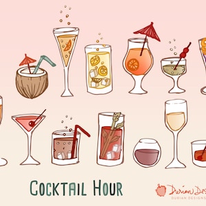 Retro cocktail party clipart commercial use, wine, hand drawn glasses, mai tai, champagne, alcohol doodles clip art, instant download
