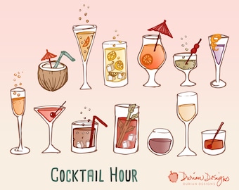 Retro cocktail party clipart commercial use, wine, hand drawn glasses, mai tai, champagne, alcohol doodles clip art, instant download